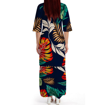 Polynesian Leaf Pattern Matching Outfit For Couple Island Puletasi Dress And Hawaiian Shirt For Her Him