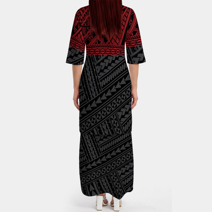 Polynesian Tribal Pattern Red Matching Outfit For Couple Tropical Island Puletasi Dress Man Shirt For Her Him