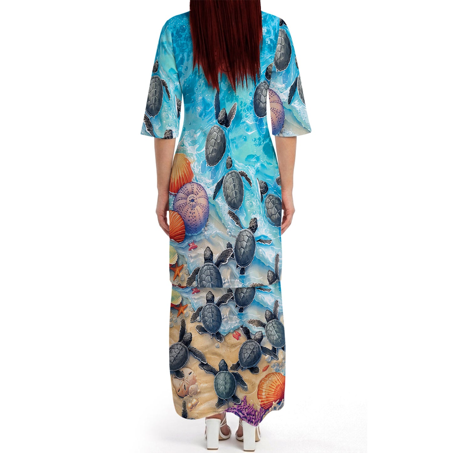 Polynesian Sea Turtle Matching Outfit For Couple Island Puletasi Dress And Hawaiian Shirt For Her Him