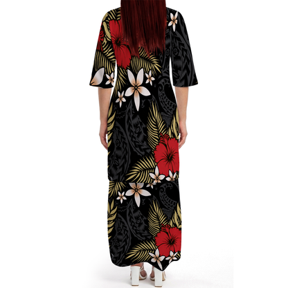 Polynesian Tribal Hibiscus Flowers Pattern Matching Outfit For Couple Island Puletasi Dress And Hawaiian Shirt For Her Him