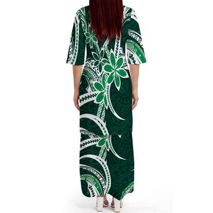 Polynesian Tribal Flowers Pattern Matching Outfit For Couple Island Puletasi Dress And Hawaiian Shirt For Her Him