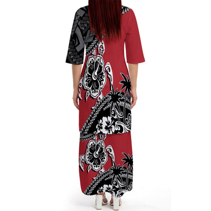 Polynesian Turtle Hibiscus Flowers Pattern Matching Outfit For Couple Island Puletasi Dress And Hawaiian Shirt For Her Him