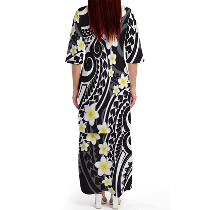 Polynesian Tribal Plumeria Flowers Matching Outfit For Couple Island Puletasi Dress And Hawaiian Shirt For Her Him