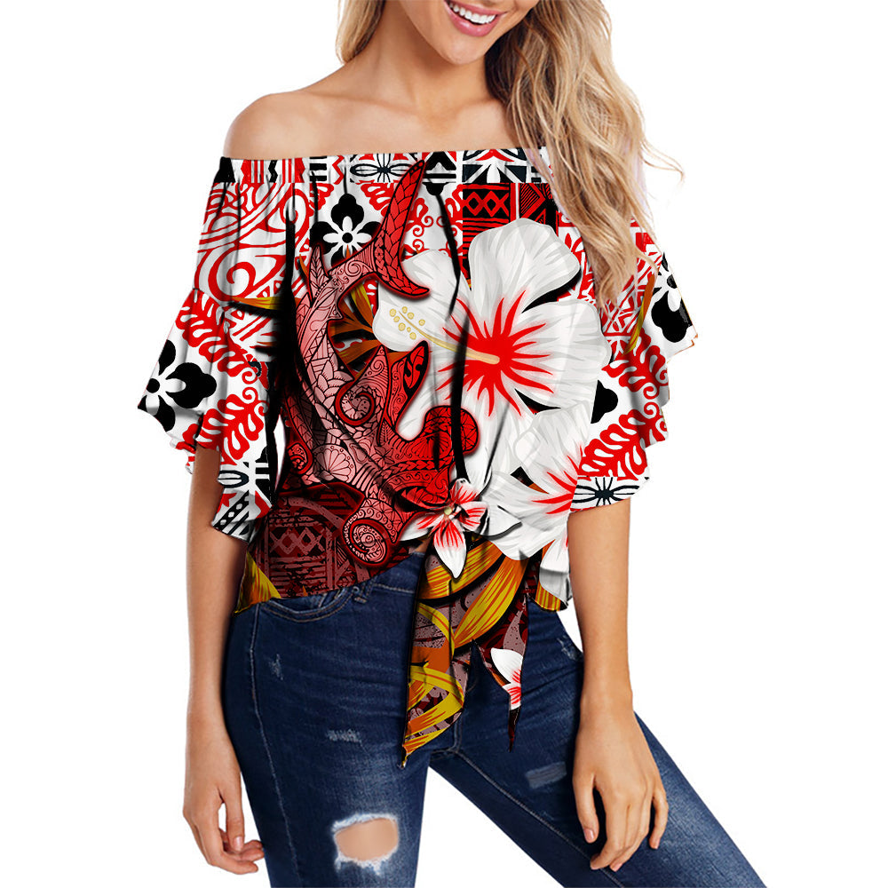 Hawaii Shark Off Shoulder Waist Wrap Top Red Style