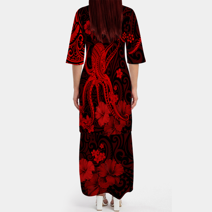 Polynesia Red Octopus Matching Outfit For Couple Tropical Island Puletasi Dress Man Shirt For Her Him