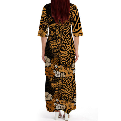 Polynesian Flowers Tiki Mask Pattern Matching Outfit For Couple Island Puletasi Dress And Hawaiian Shirt For Her Him