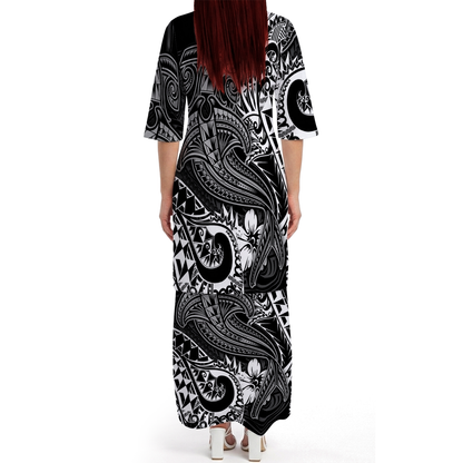 Polynesian Tribal Hammer Shark Pattern Black Matching Outfit For Couple Island Puletasi Dress And Hawaiian Shirt For Her Him