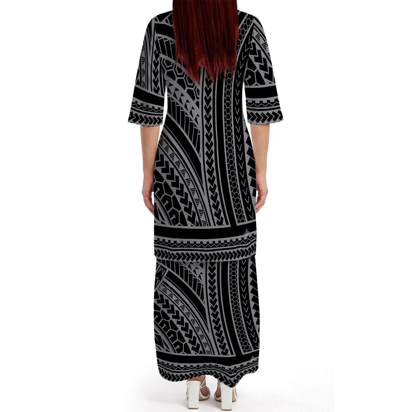 Polynesian Tribal Pattern Printed Black Matching Outfit For Couple Island Puletasi Dress And Hawaiian Shirt For Her Him