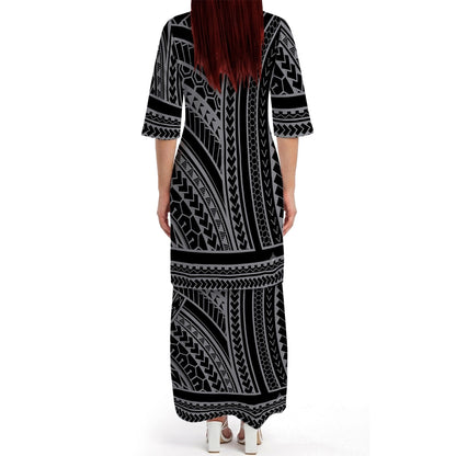 Polynesian Tribal Pattern Printed Black Matching Outfit For Couple Island Puletasi Dress And Hawaiian Shirt For Her Him