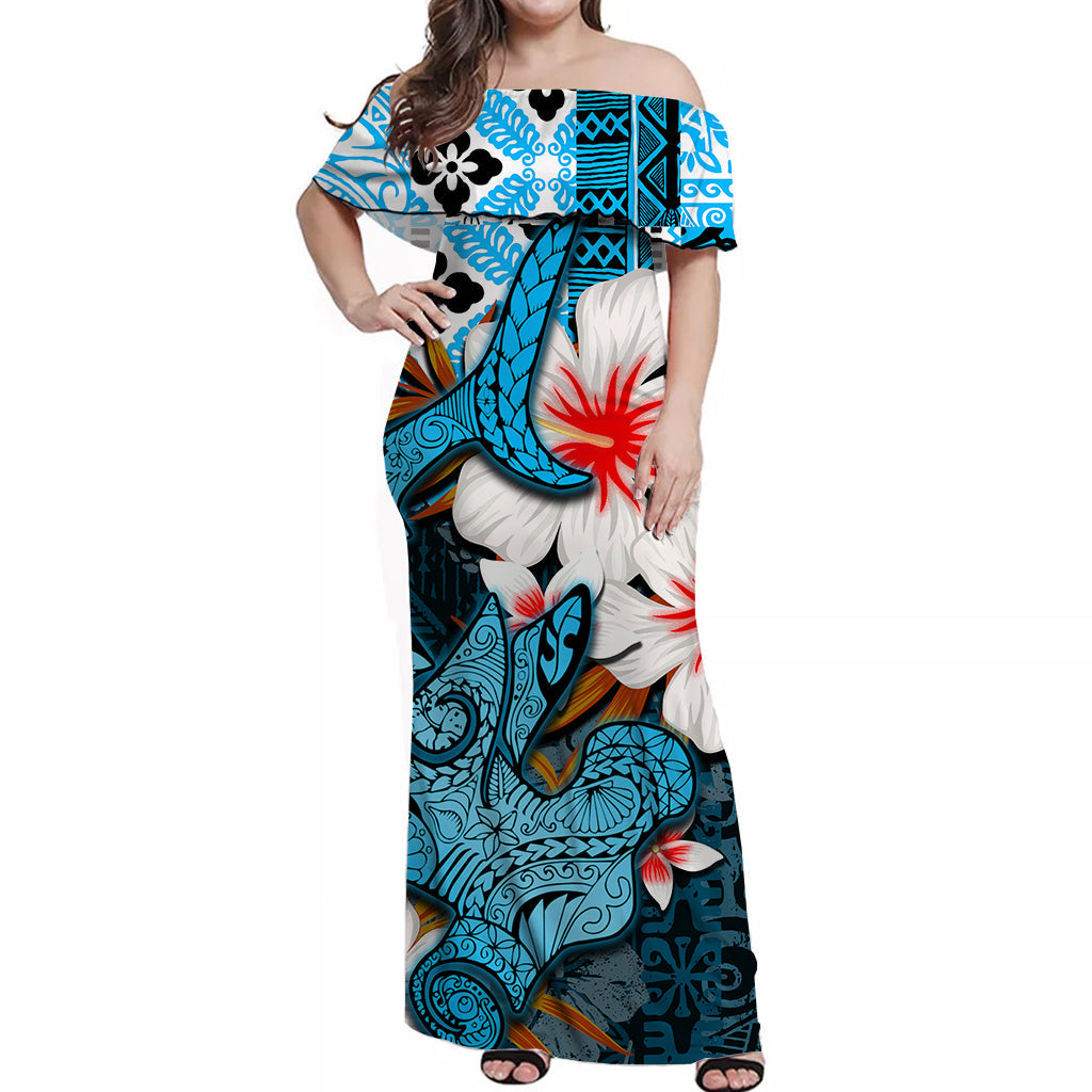 Hammerhead shark Off Shoulder Long Dress Hawaii Style Blue