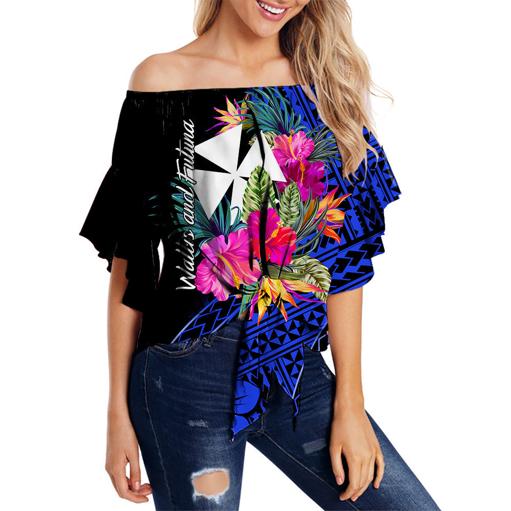 Wallis and Futuna Off Shoulder Waist Wrap Top Hibiscus Blue No.1 Color