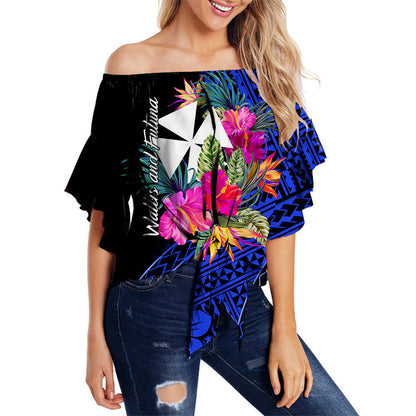 Wallis and Futuna Off Shoulder Waist Wrap Top Hibiscus Blue No.1 Color