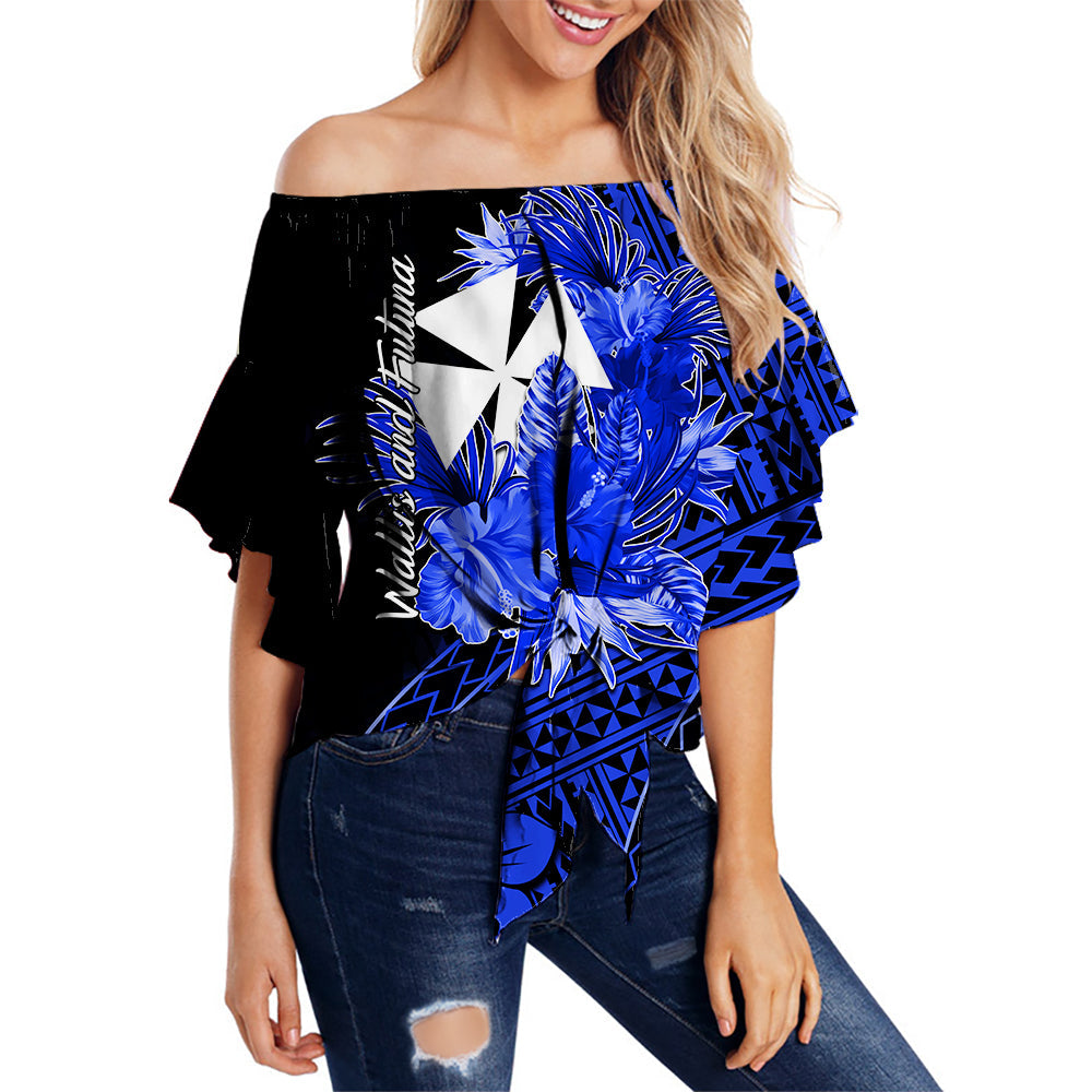 Wallis and Futuna Off Shoulder Waist Wrap Top Hibiscus Blue No.2 Color