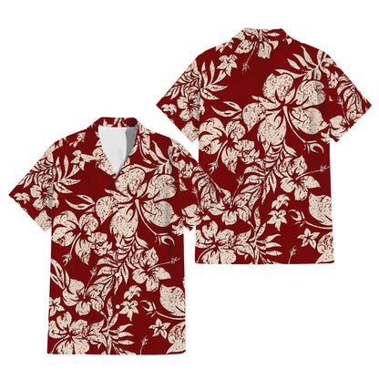 Vintage Polynesian Hibiscus Flowers Tropical Island Red Puletasi Dress And Hawaiian Shirt For Her Him