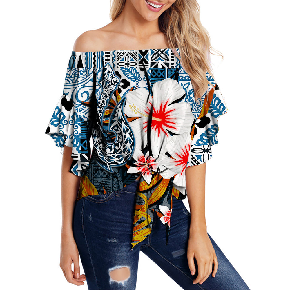 Hawaii Fish Hook Off Shoulder Waist Wrap Top Blue Style