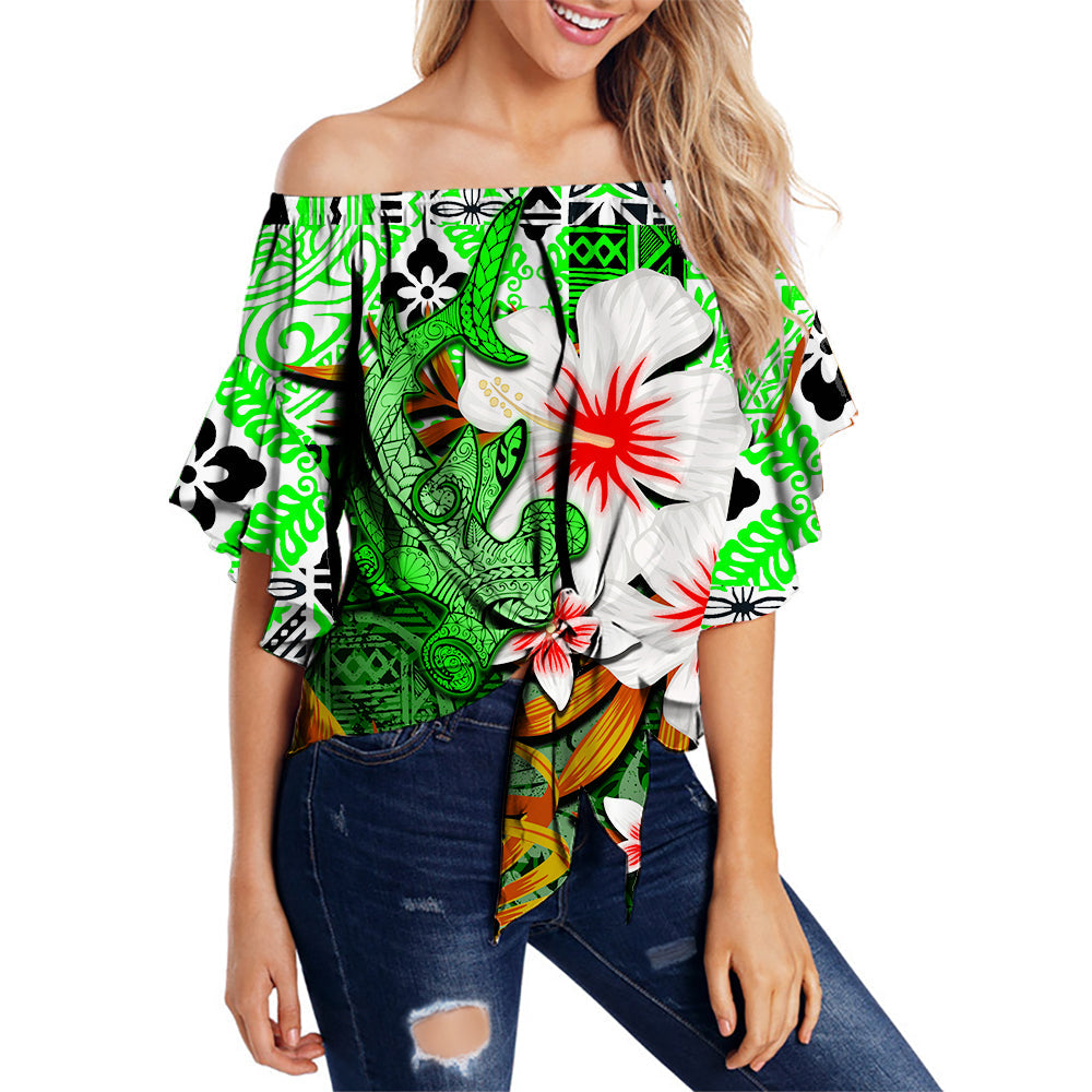 Hawaii Shark Off Shoulder Waist Wrap Top Green Style