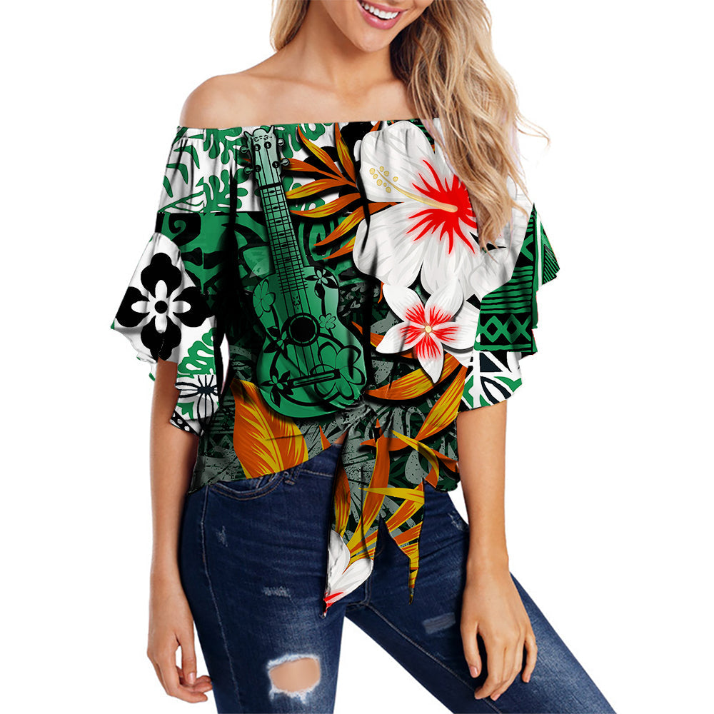 Hawaii Ukulele Off Shoulder Waist Wrap Top Green Style