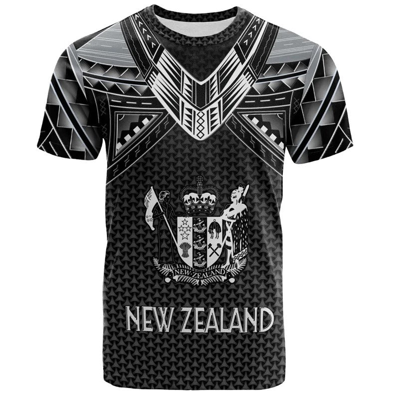 New Zealand Coat Of Arms Shirt Silver Fern Symbols Tattoo Print T Shirt NZ Black Tee