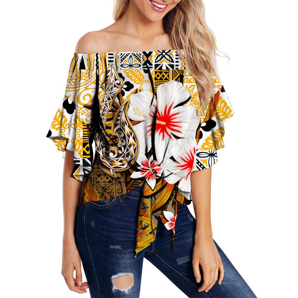 Hawaii Fish Hook Off Shoulder Waist Wrap Top Orange Style