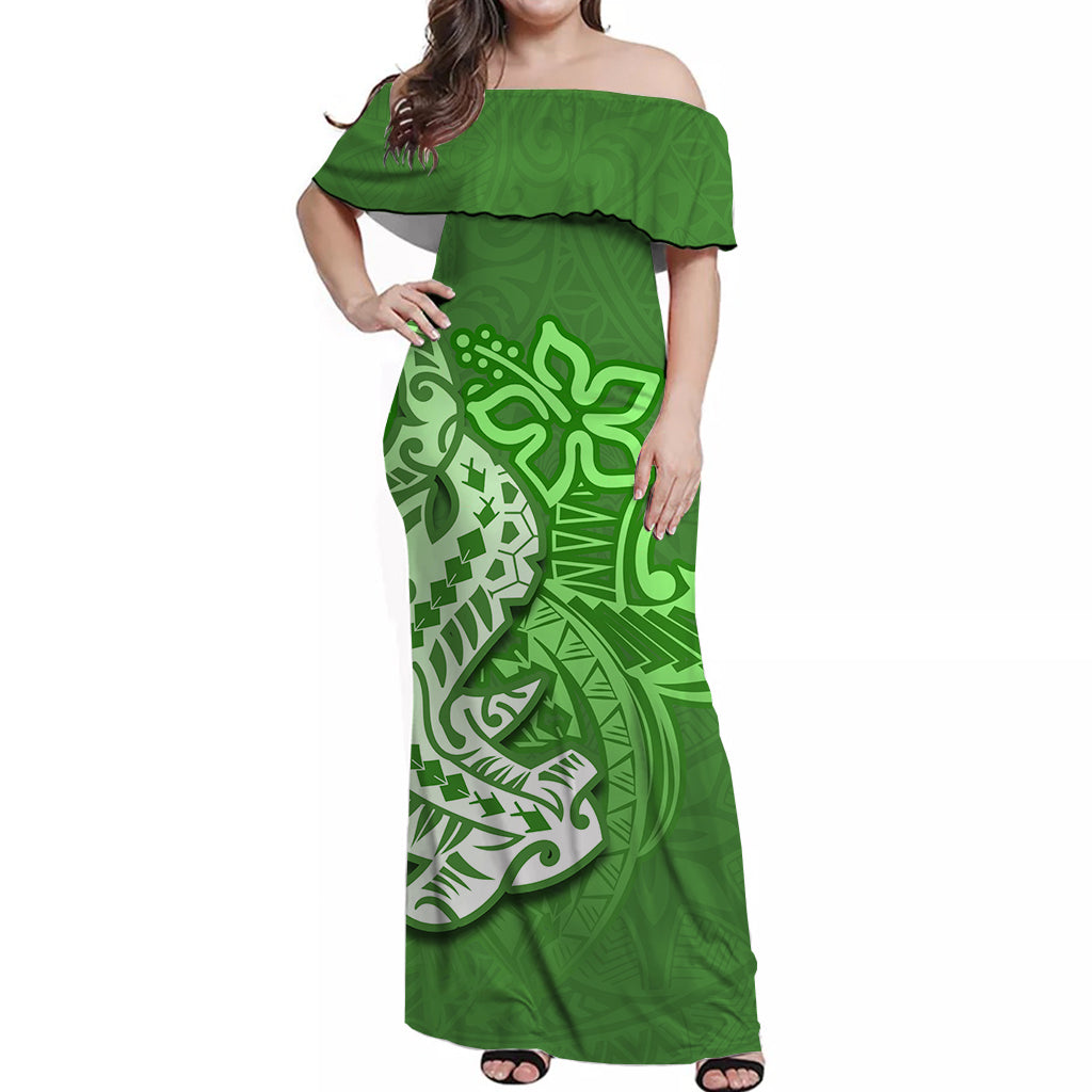 Hammerhead shark Off Shoulder Long Dress Polynesian Green Style