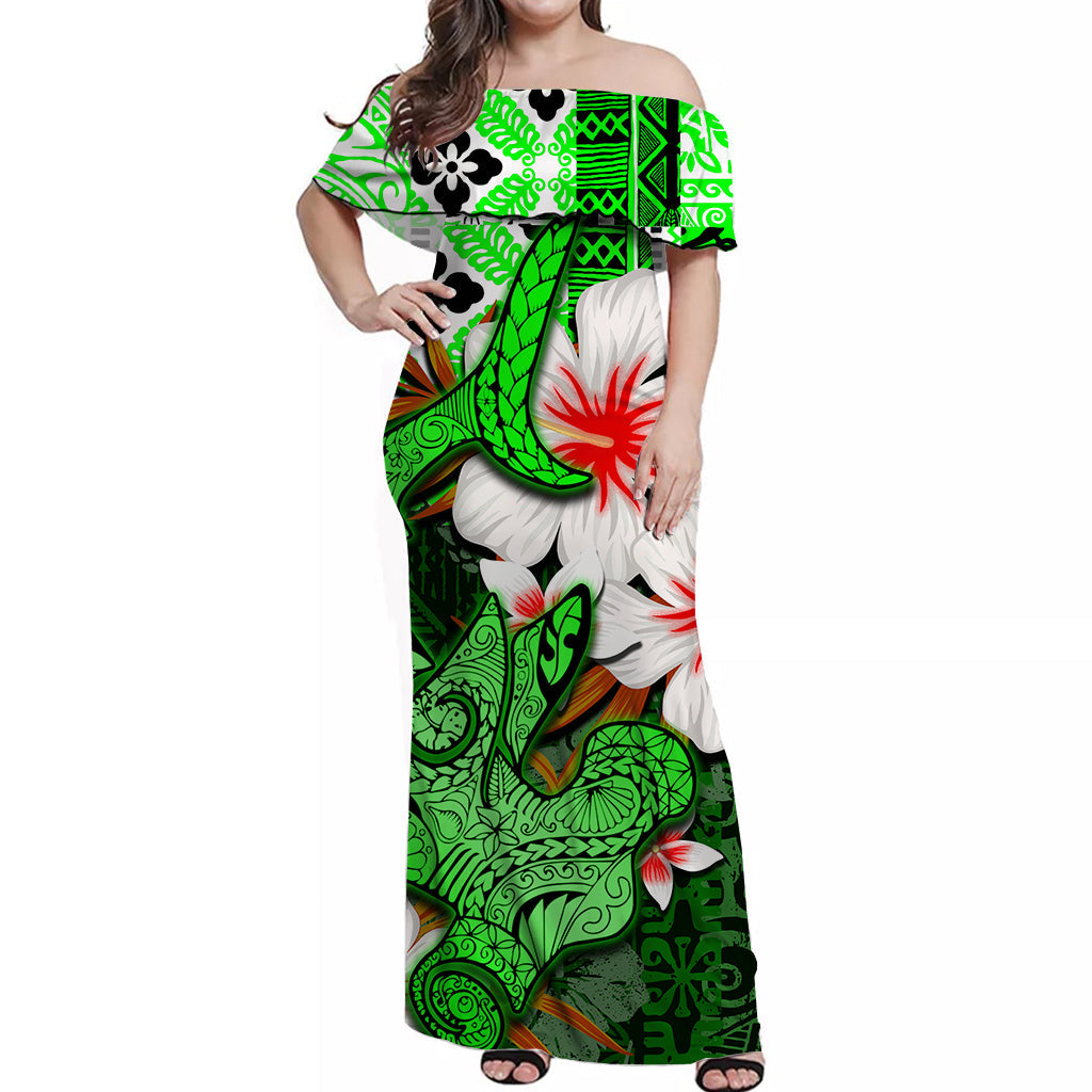 Hammerhead shark Off Shoulder Long Dress Hawaii Style Green