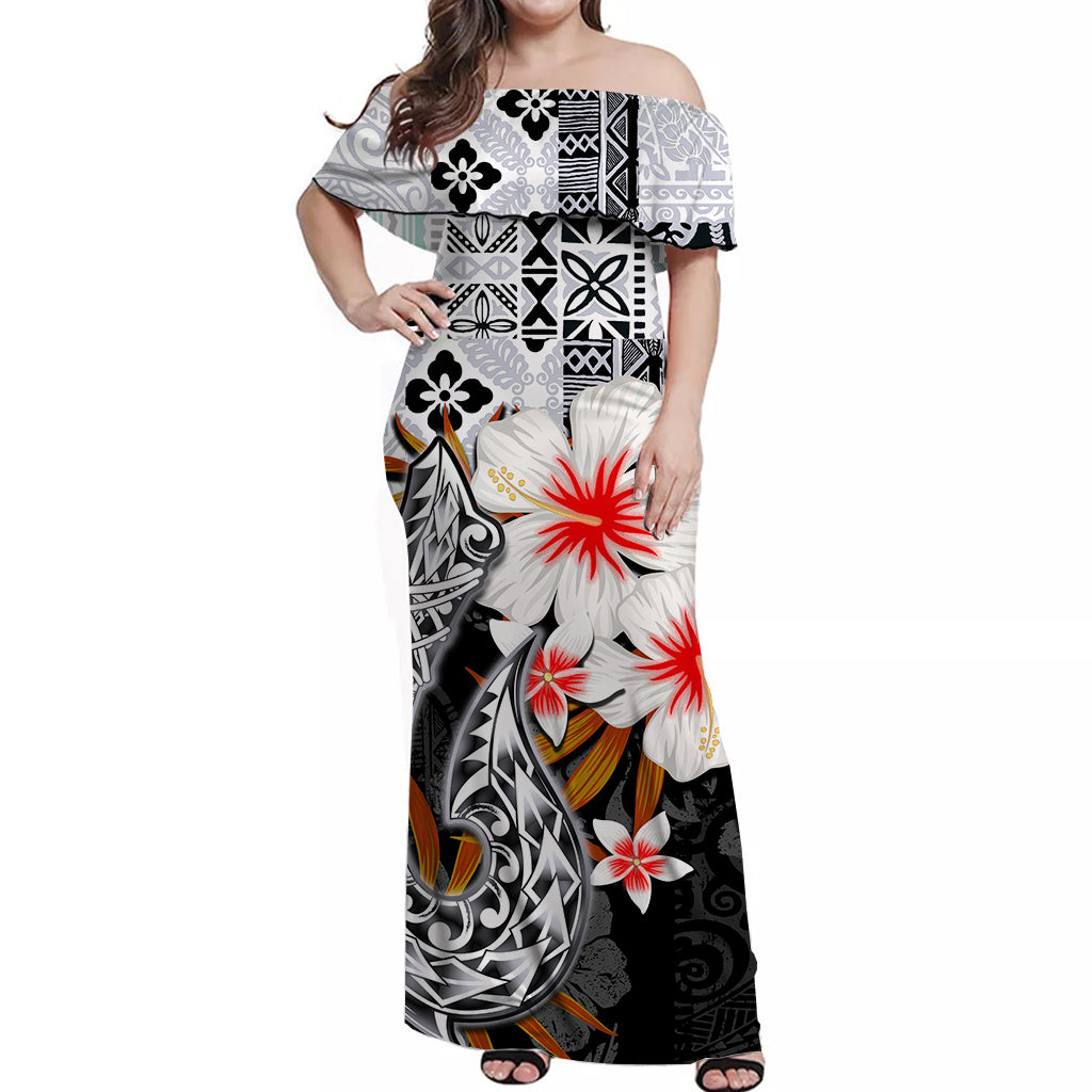 Hawaii Fish Hook Off Shoulder Long Dress Black Style