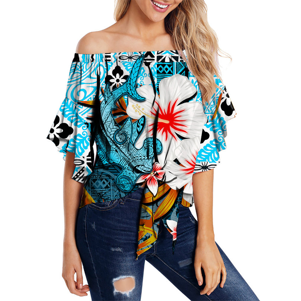 Hawaii Shark Off Shoulder Waist Wrap Top Blue Style