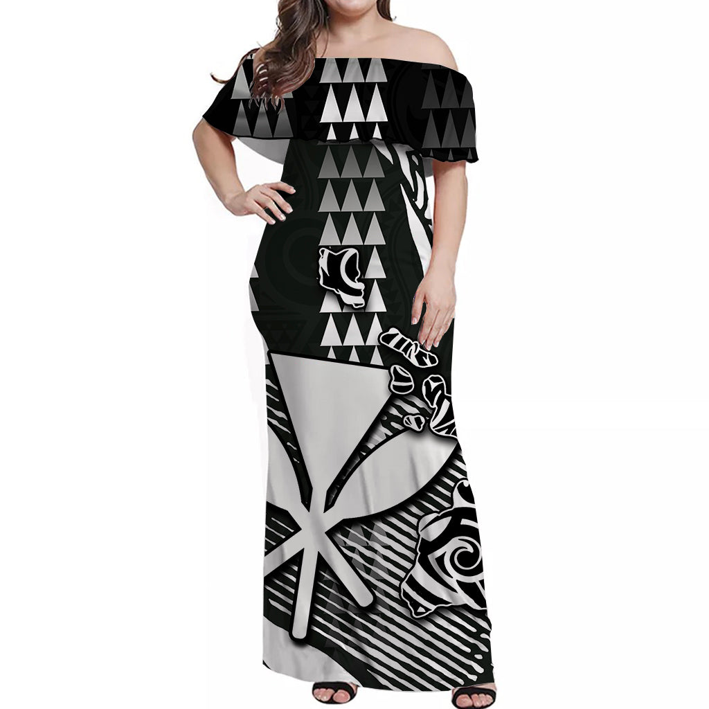 Hawaii Kanaka Map Off Shoulder Long Dress Black Color Style