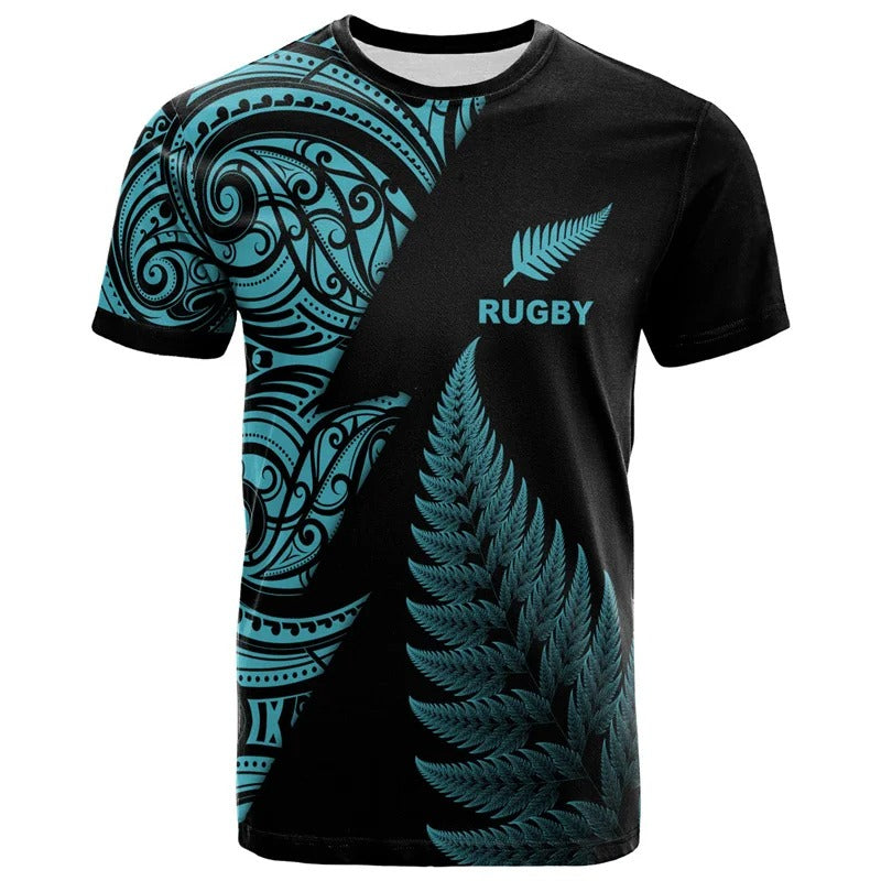 New Zealand Maori Rugby Shirt Unisex Polynesian Silver Fern Leaf Shirt Round Neck Short Sleeves Tops