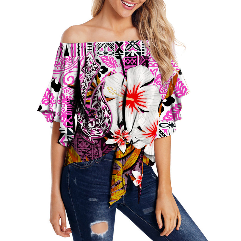 Hawaii Fish Hook Off Shoulder Waist Wrap Top Pink Style