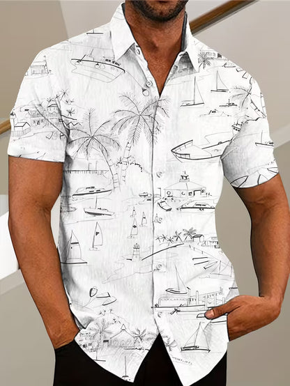 Beach Themed Pattern Print Men's Hawaiian Shirt Tropical Beach Short Sleeve Button Printed Shirt For Him