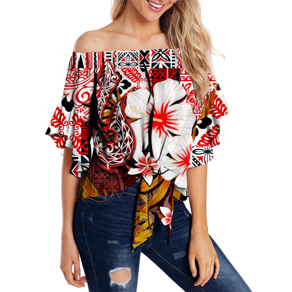 Hawaii Fish Hook Off Shoulder Waist Wrap Top Red Style