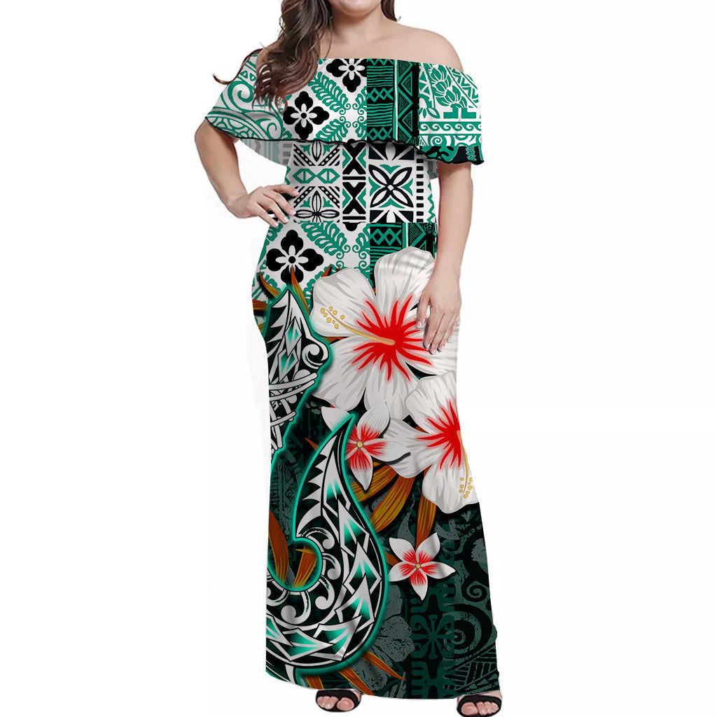 Hawaii Fish Hook Off Shoulder Long Dress Green Style