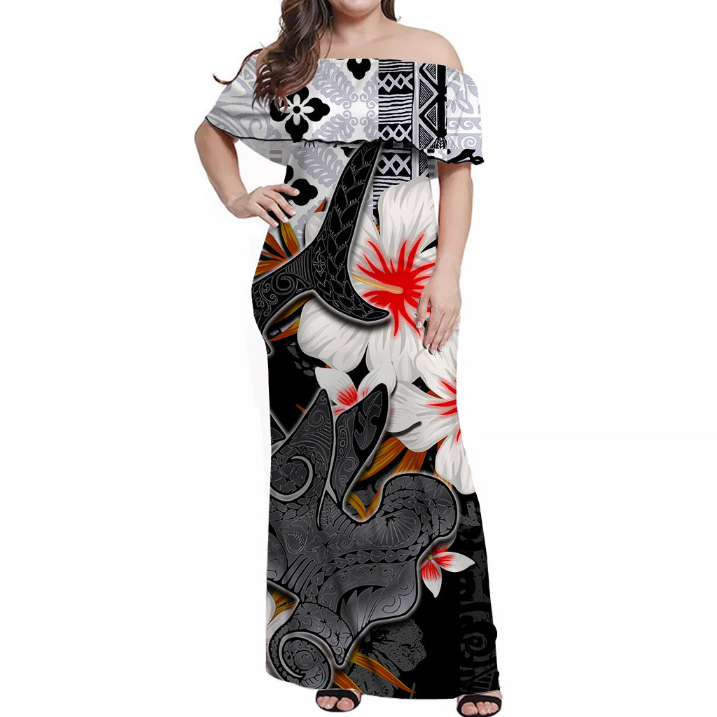 Hammerhead shark Off Shoulder Long Dress Hawaii Style Black