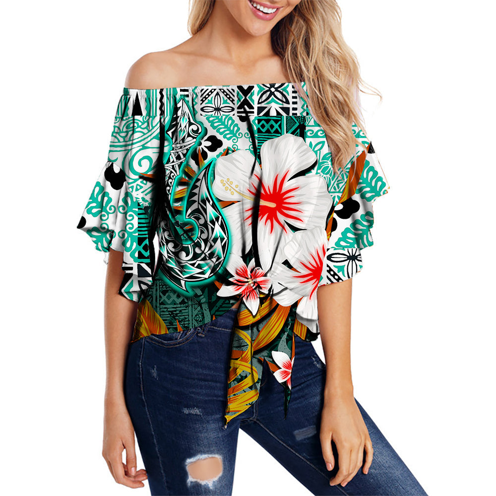 Hawaii Fish Hook Off Shoulder Waist Wrap Top Green Style