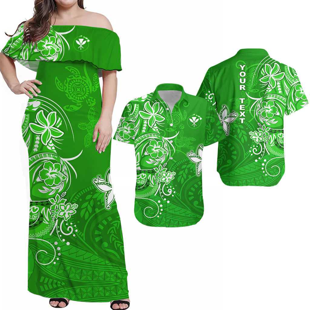 (Custom Personalised) Matching Hawaiian Outfits For Couples Combo Polynesia Green Sea Turtle Honu and Map Dress and Hawaiian Shirt