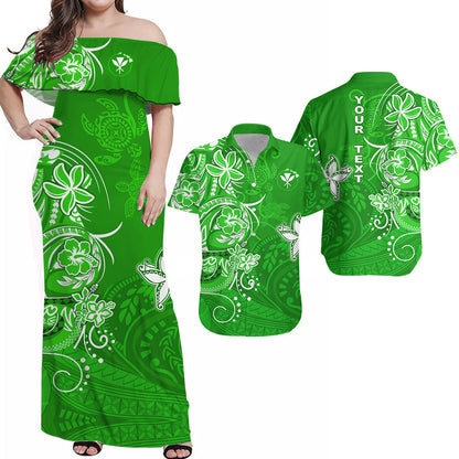 (Custom Personalised) Matching Hawaiian Outfits For Couples Combo Polynesia Green Sea Turtle Honu and Map Dress and Hawaiian Shirt