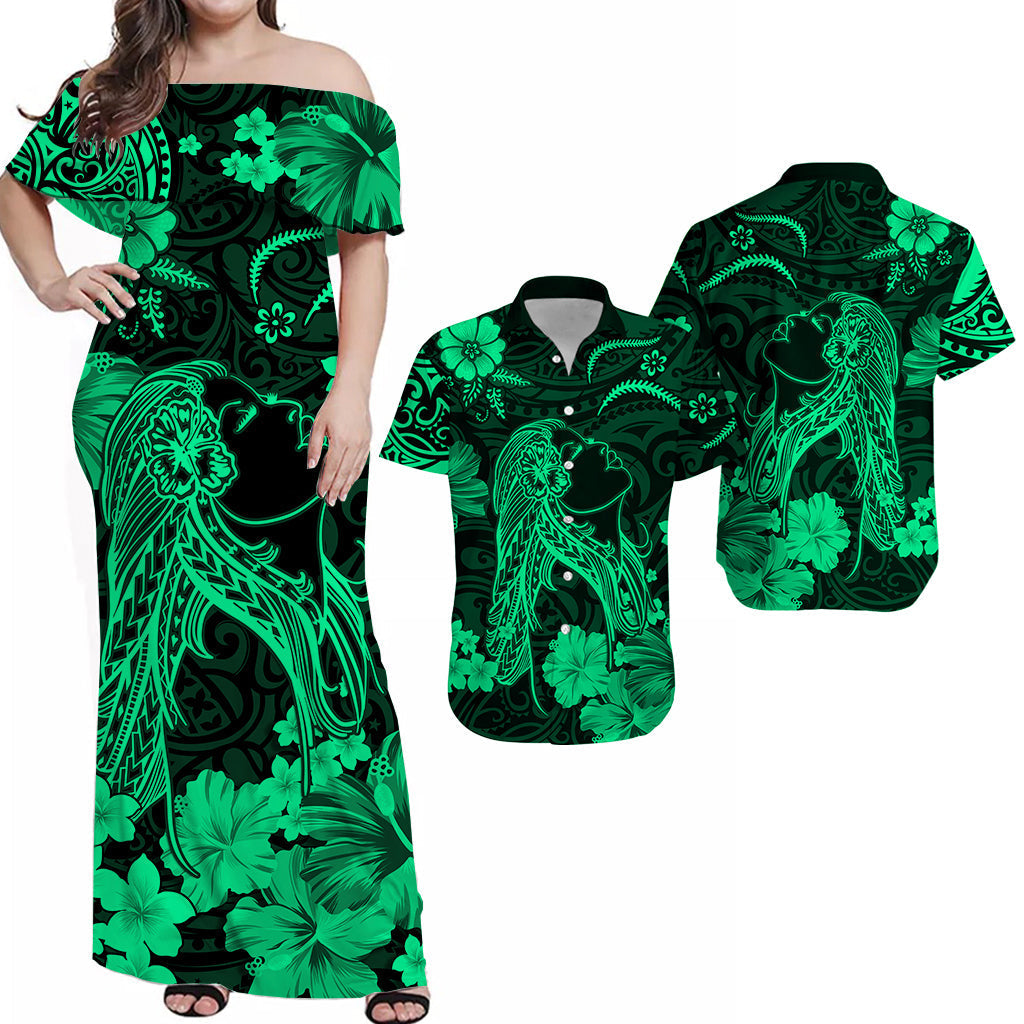 Hawaiian Matching Outfits For Couples Hawaii Combo Dress and Hawaiian Shirt Polynesia Green Beautiful Hula Girl
