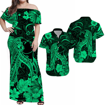 Hawaiian Matching Outfits For Couples Hawaii Combo Dress and Hawaiian Shirt Polynesia Green Beautiful Hula Girl