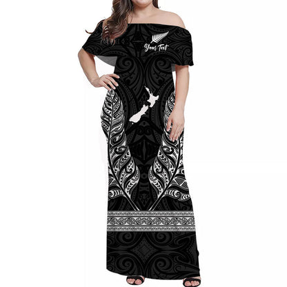 Custom Personalised New Zealand Silver Fern Off Shoulder Long Dress Maori Pattern Black