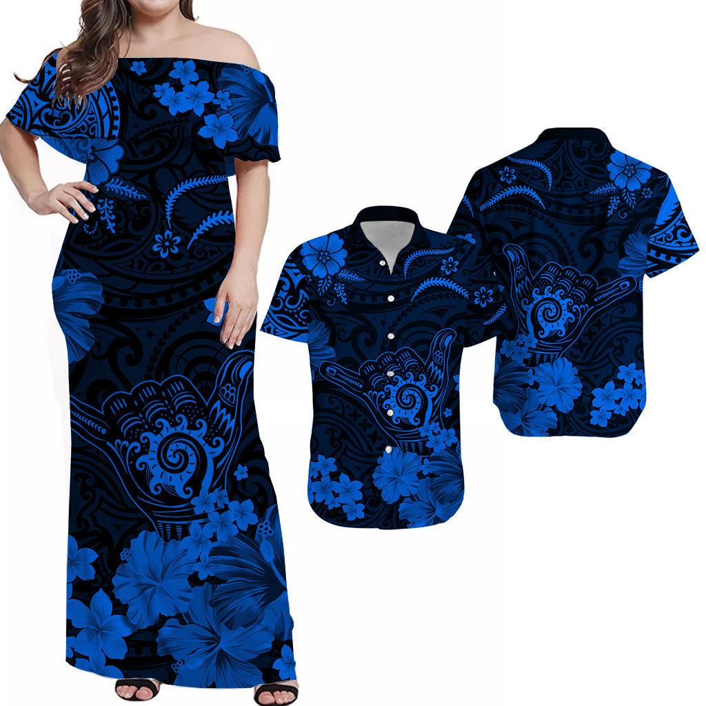 His And Her Hawaiian Matching Outfits Hawaii Combo Polynesian Tribal Blue Cool Shaka Sign Dress and Hawaiian Shirt