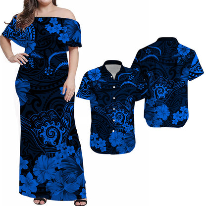 His And Her Hawaiian Matching Outfits Hawaii Combo Polynesian Tribal Blue Cool Shaka Sign Dress and Hawaiian Shirt