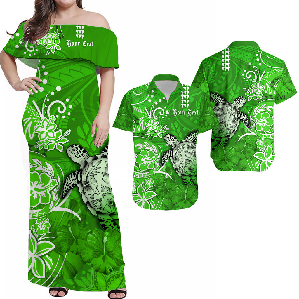 (Custom Personalised) Matching Hawaiian Outfits For Couples Combo Polynesia Green Sea Turtle Honu and Hibiscus Dress and Hawaiian Shirt