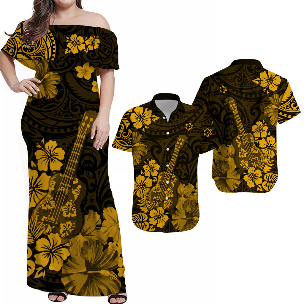 Hawaiian Matching Outfits For Couples Hawaii Combo Dress and Hawaiian Shirt Polynesia Gold Ukulele Flowers