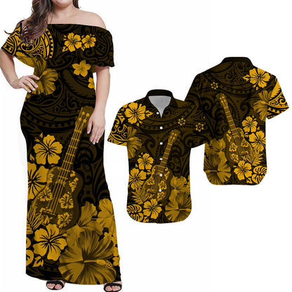 Hawaiian Matching Outfits For Couples Hawaii Combo Dress and Hawaiian Shirt Polynesia Gold Ukulele Flowers