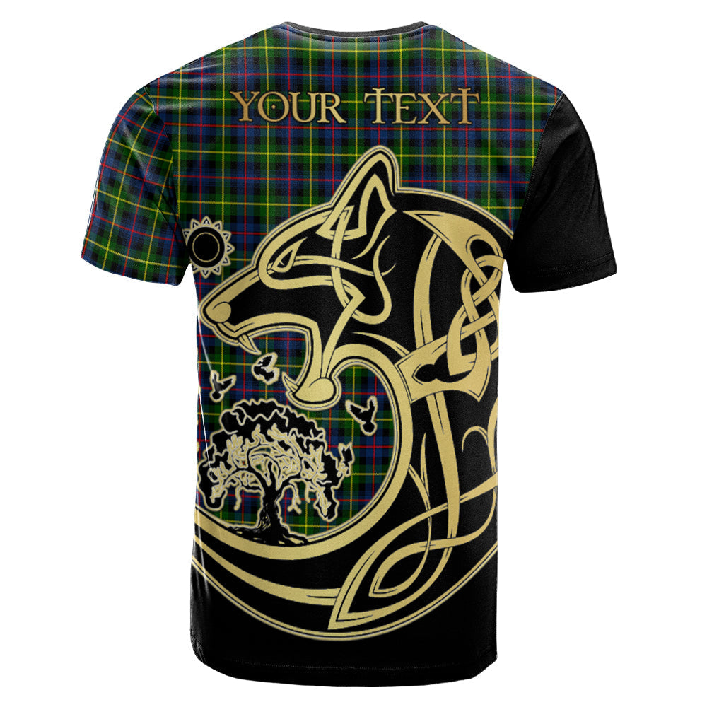 Printivon Farquharson Modern Crest Celtic Wolf Tartan T Shirt Custom Your Text
