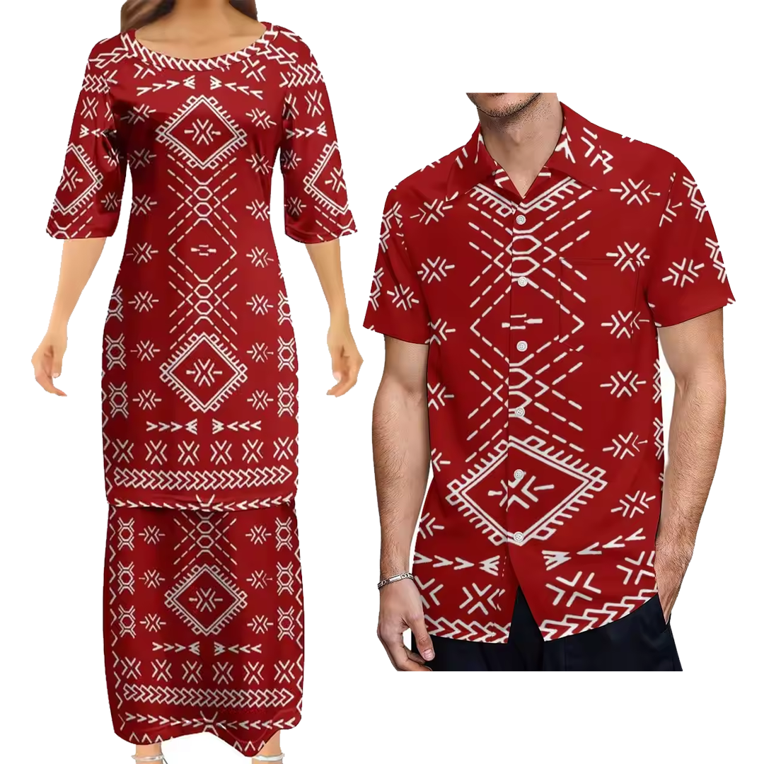 Samoan Red Puletasi Polynesian Tattoo Pattern Women Dresses lady Design Dress Matching Men's Short-Sleeved Shirts Couple Suit