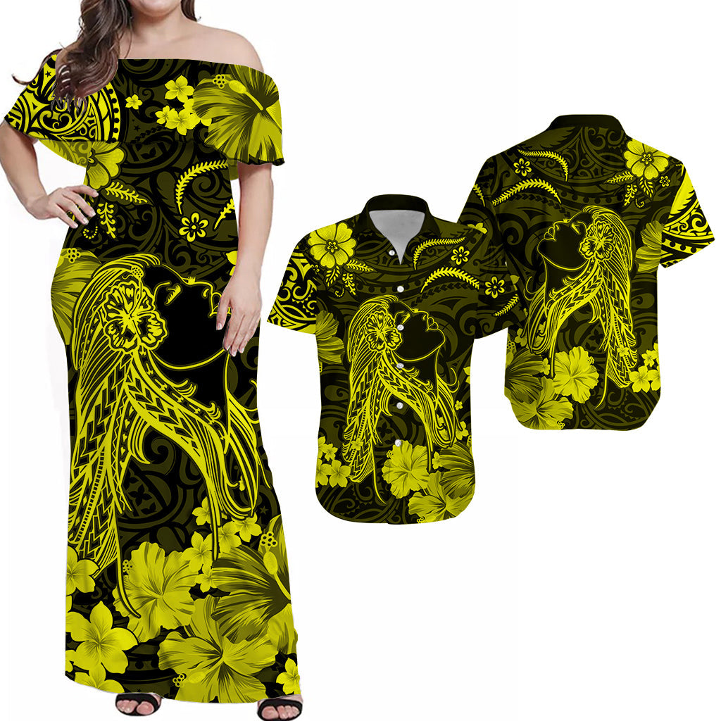 Polynesian Couple Outfits Hawaii Combo Dress and Hawaiian Shirt Polynesia Yellow Beautiful Hula Girl