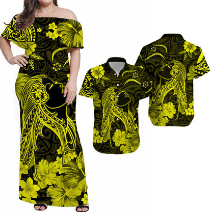 Polynesian Couple Outfits Hawaii Combo Dress and Hawaiian Shirt Polynesia Yellow Beautiful Hula Girl