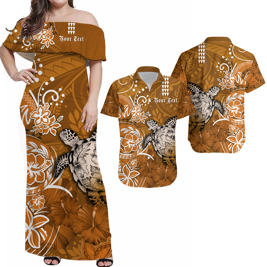 (Custom Personalised) Polynesian Couple Outfits Combo Hawaii Tribal Gold Sea Turtle Honu and Hibiscus Dress and Hawaiian Shirt